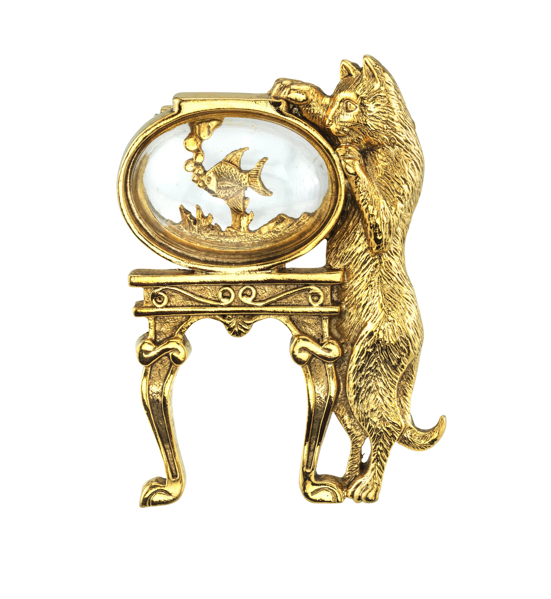 14K Gold Dipped Crystal Cat and Fish Bowl Pin