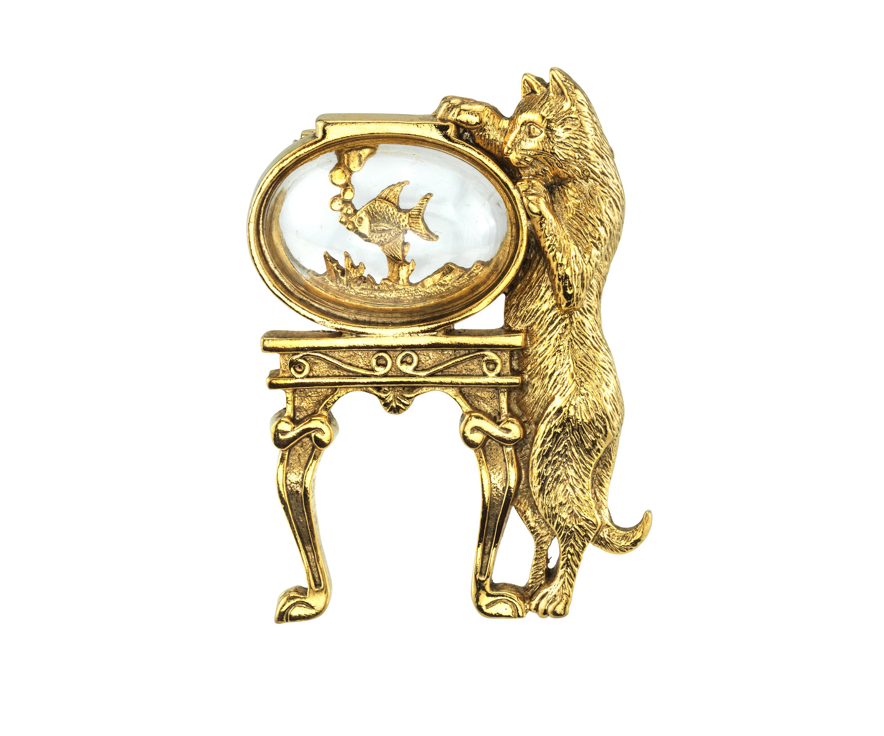 14K Gold Dipped Crystal Cat and Fish Bowl Pin