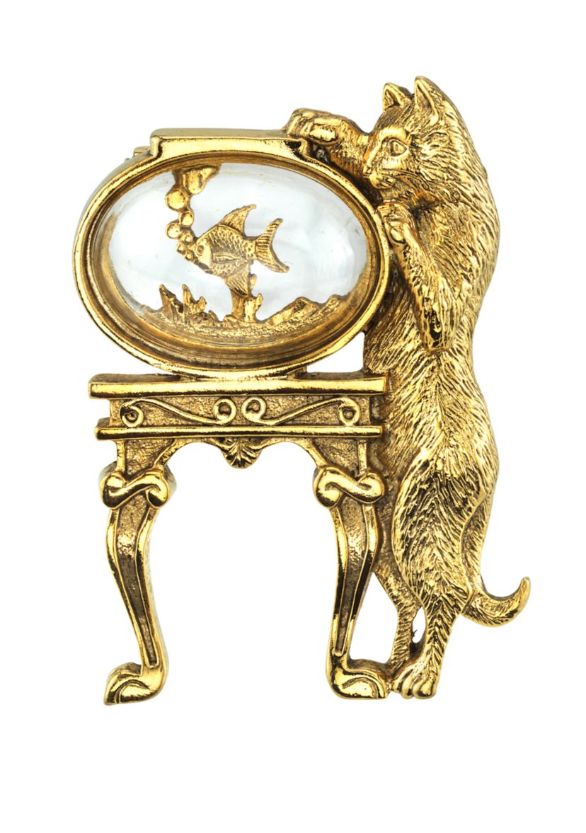 14K Gold Dipped Crystal Cat and Fish Bowl Pin