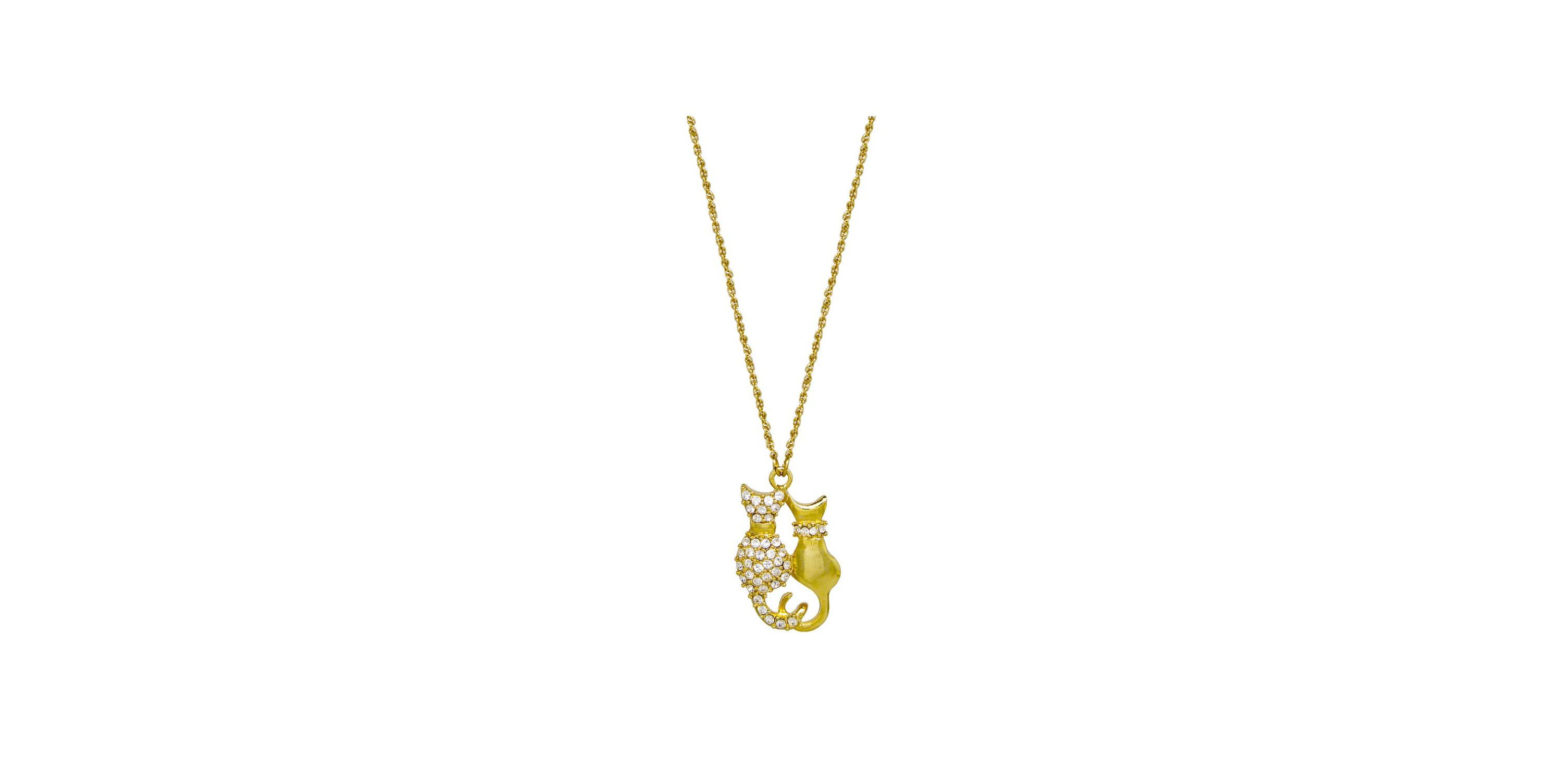 Gold Tone Crystal Double Cat 16A Necklace