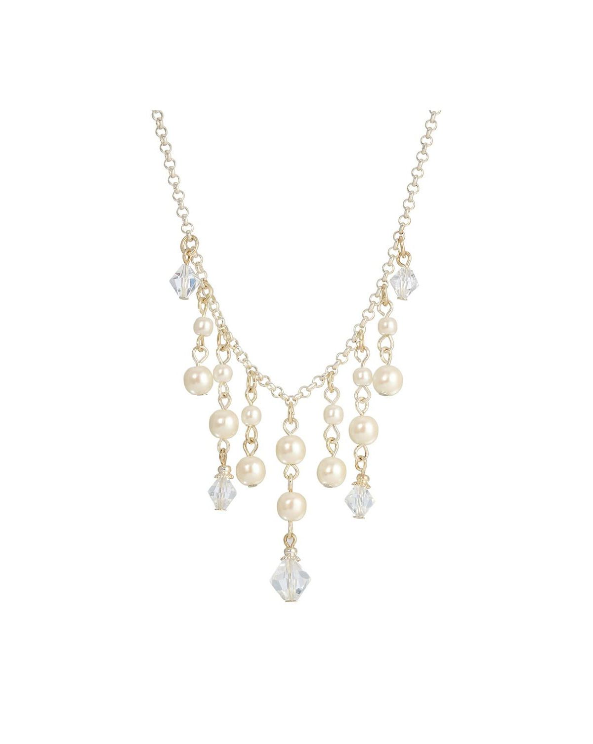 Silver Tone Pearl and Crystal Bib Necklace 15 Adj