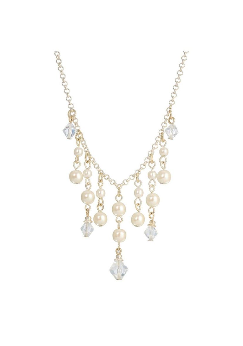 Silver Tone Pearl and Crystal Bib Necklace 15 Adj