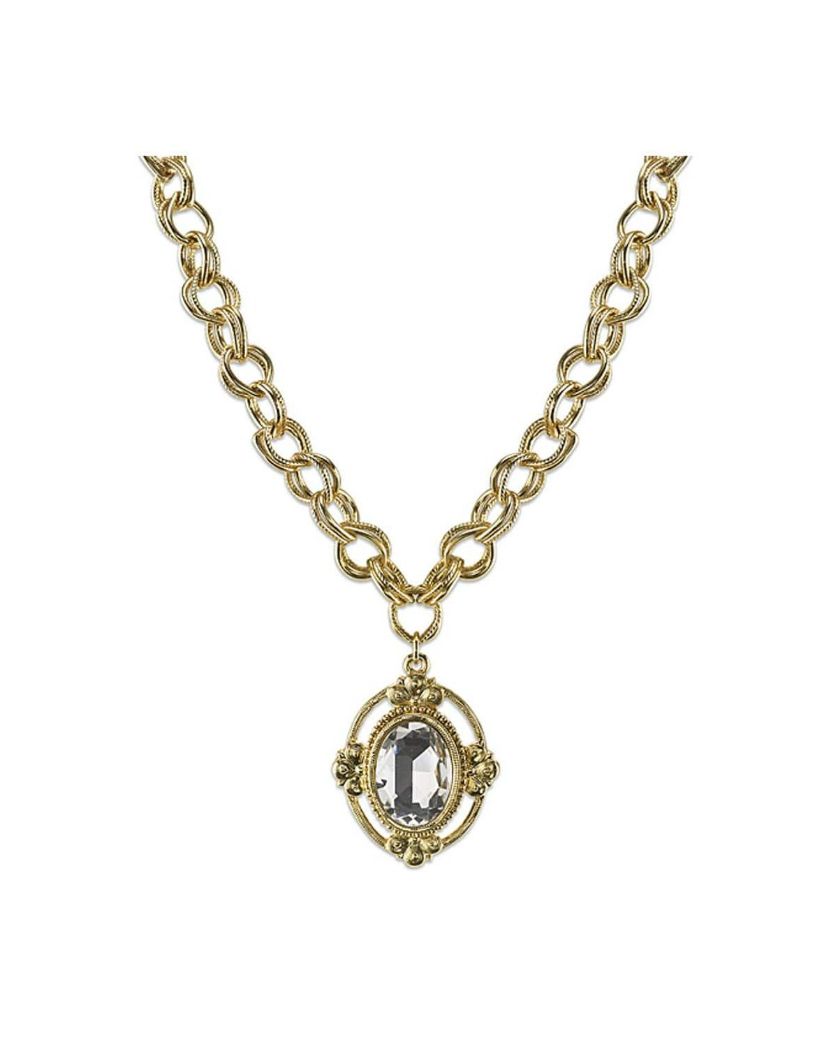 Gold-Tone Crystal Faceted Oval Pendant Necklace 16"Adj.