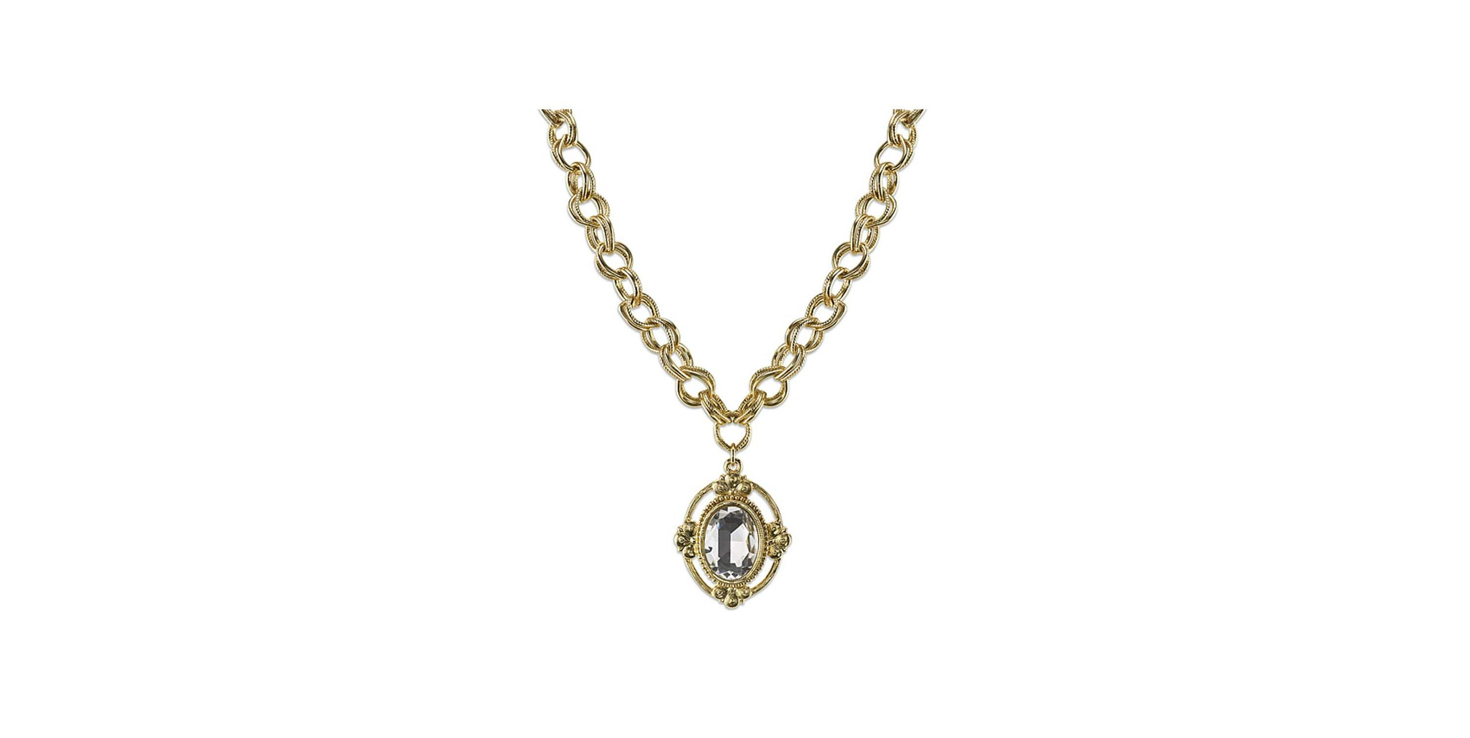 Gold-Tone Crystal Faceted Oval Pendant Necklace 16"Adj.