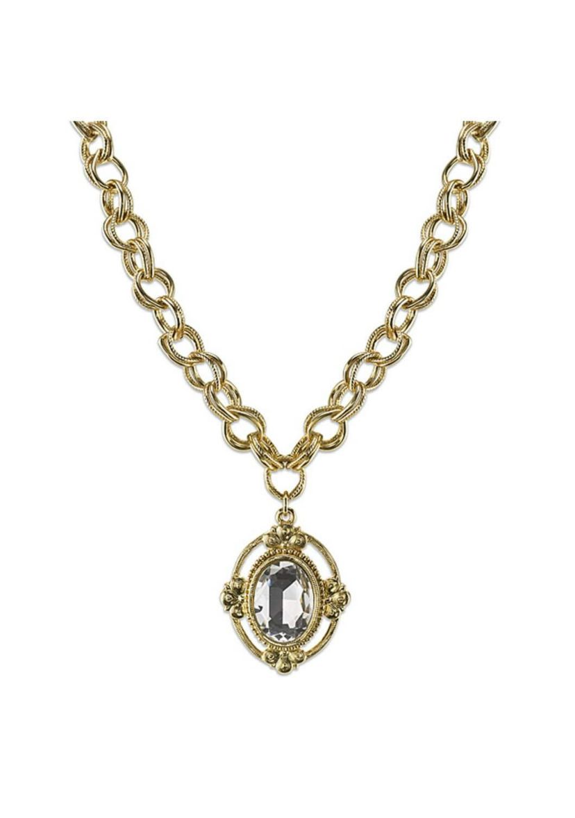 Gold-Tone Crystal Faceted Oval Pendant Necklace 16"Adj.