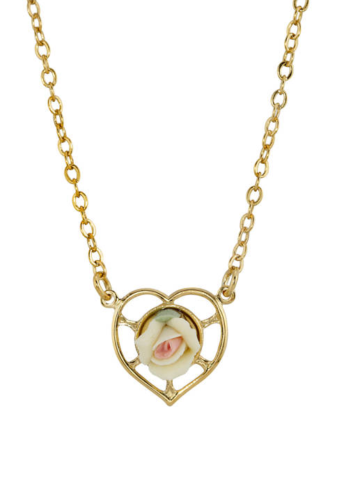 16 Inch Adjustable 14K Gold Dipped Porcelain Rose Heart Necklace