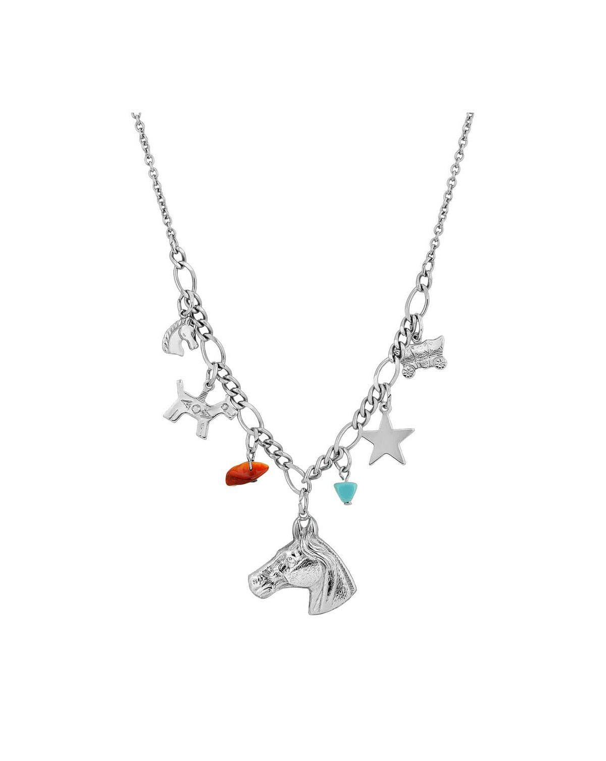 Silver-Tone Multi-Charm Horse Collar Necklace 16"Adj.