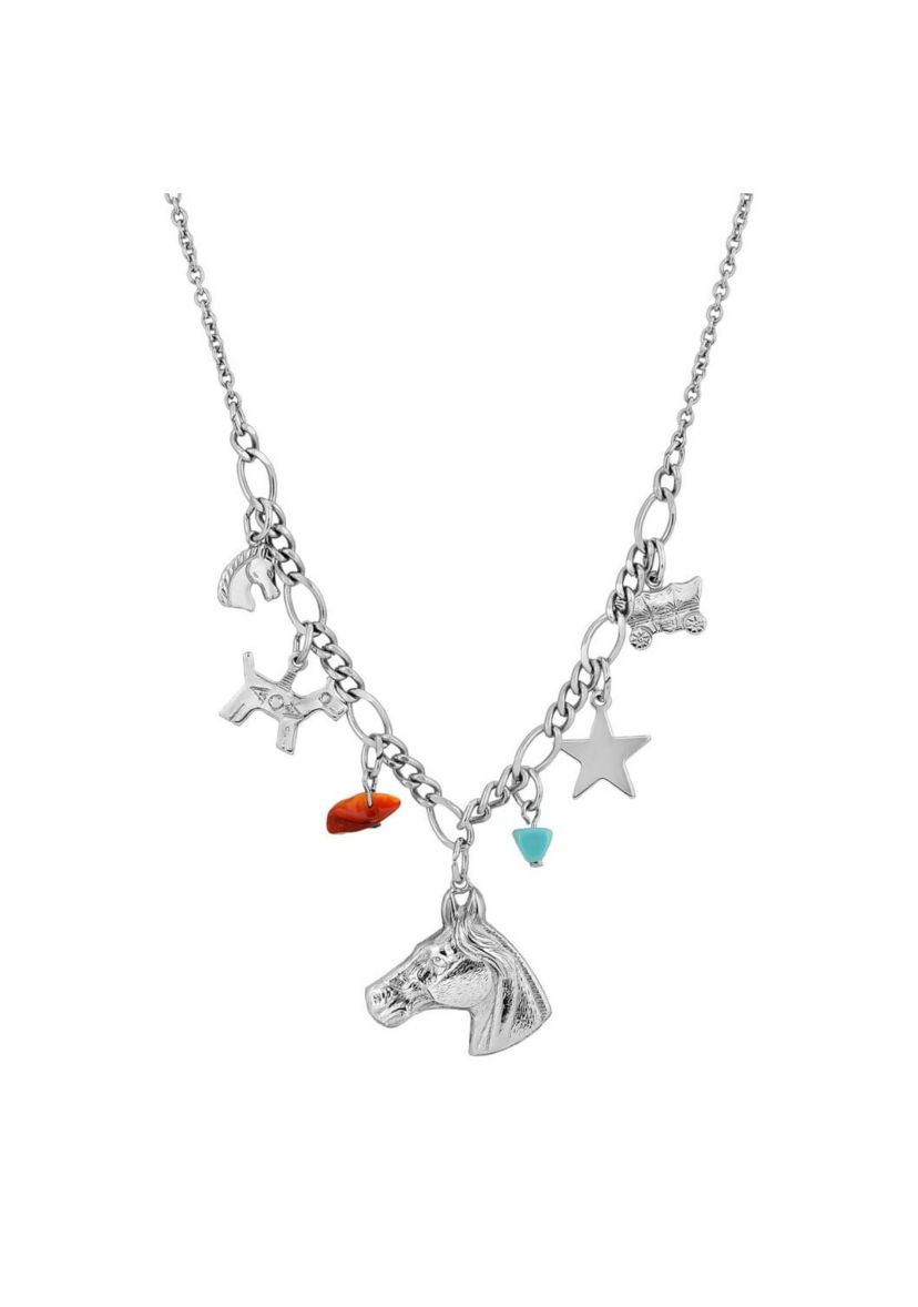 Silver-Tone Multi-Charm Horse Collar Necklace 16"Adj.