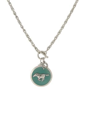 Silver Tone Turquoise Color Enamel Horse Pendant Toggle Necklace