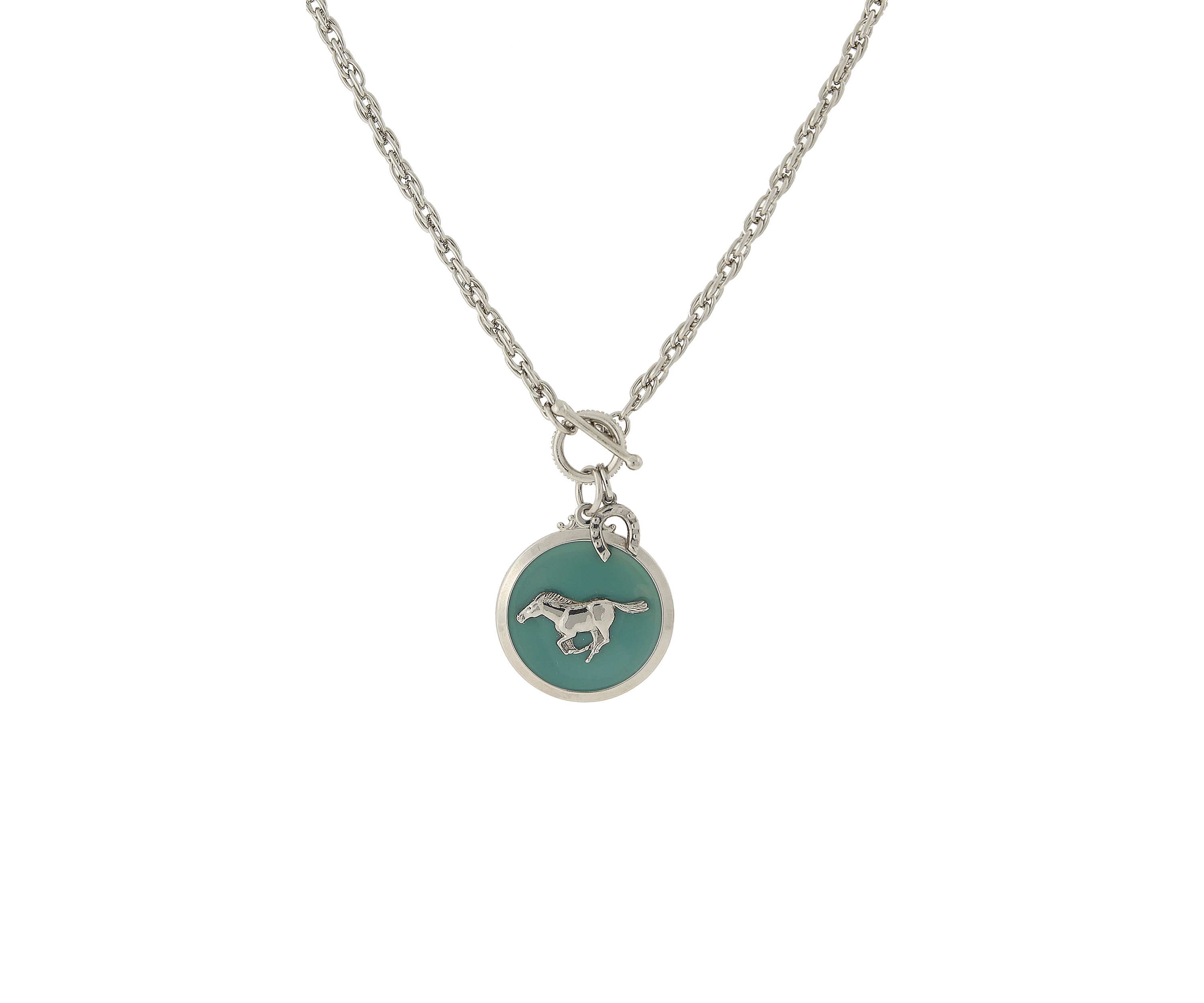 Silver Tone Turquoise Color Enamel Horse Pendant Toggle Necklace