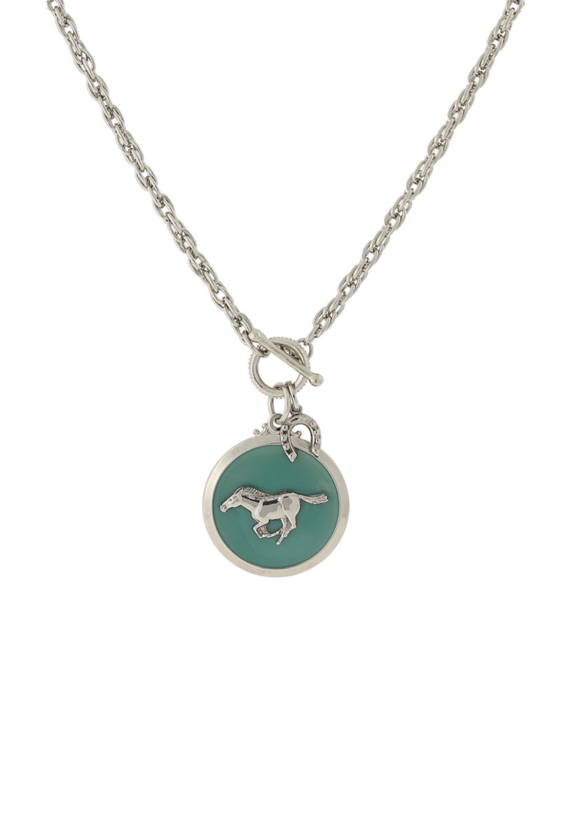 Silver Tone Turquoise Color Enamel Horse Pendant Toggle Necklace