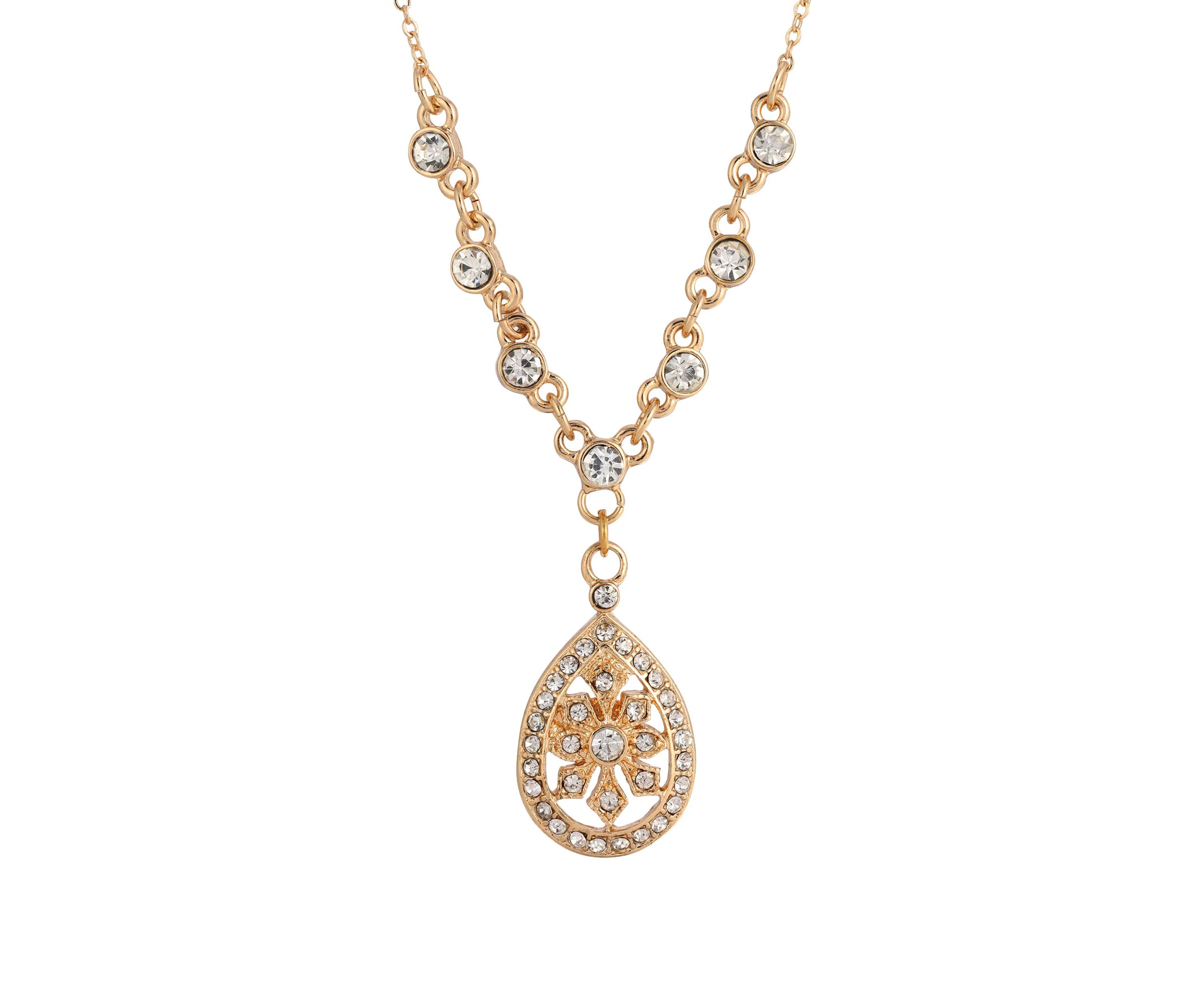 Gold-Tone Crystal Filigree Teardrop Necklace 16"Adj.