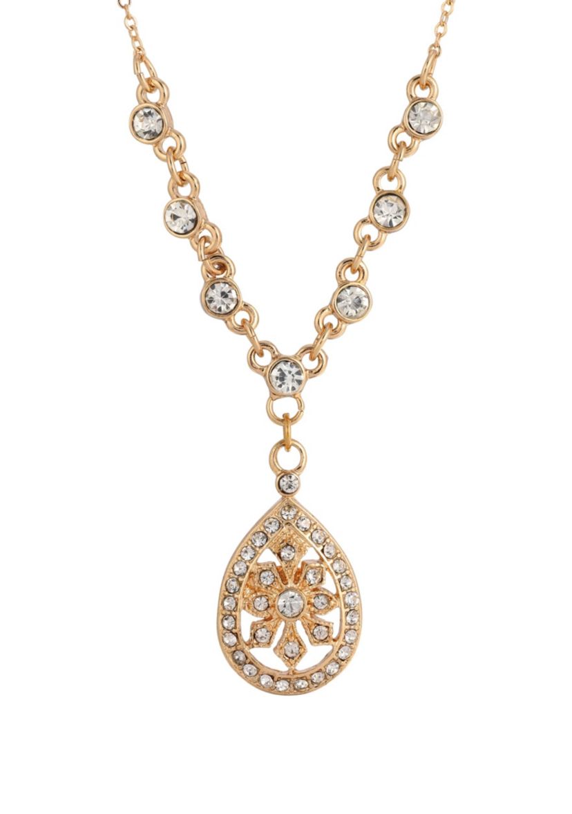Gold-Tone Crystal Filigree Teardrop Necklace 16"Adj.