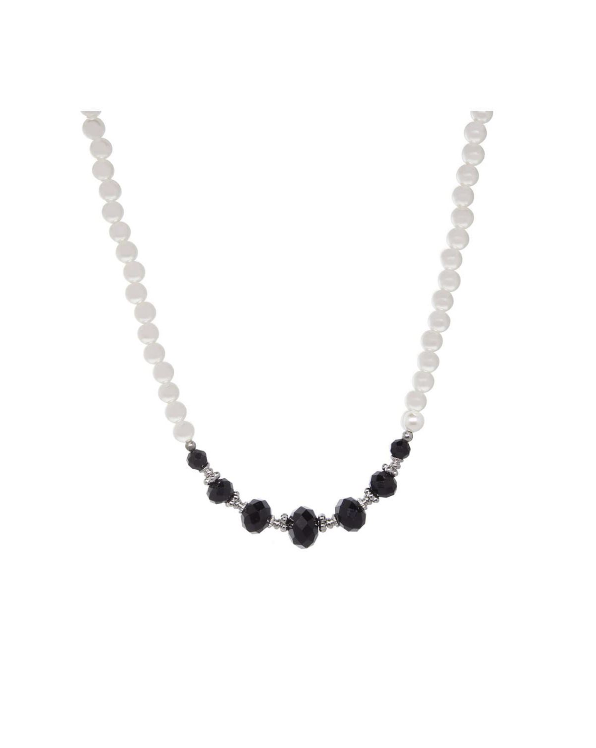 Faux Pearl and Black Crystal Necklace 15 inch Adj