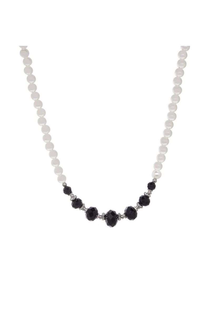 Faux Pearl and Black Crystal Necklace 15 inch Adj
