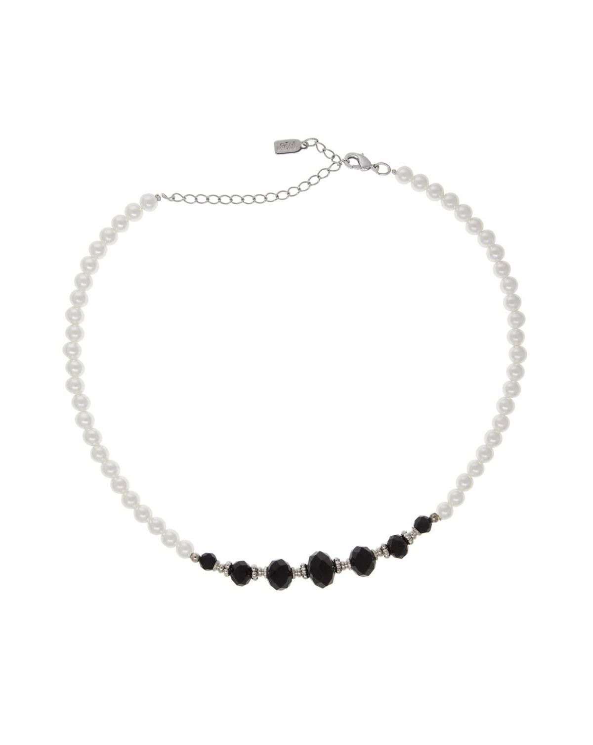 Faux Pearl and Black Crystal Necklace 15 inch Adj