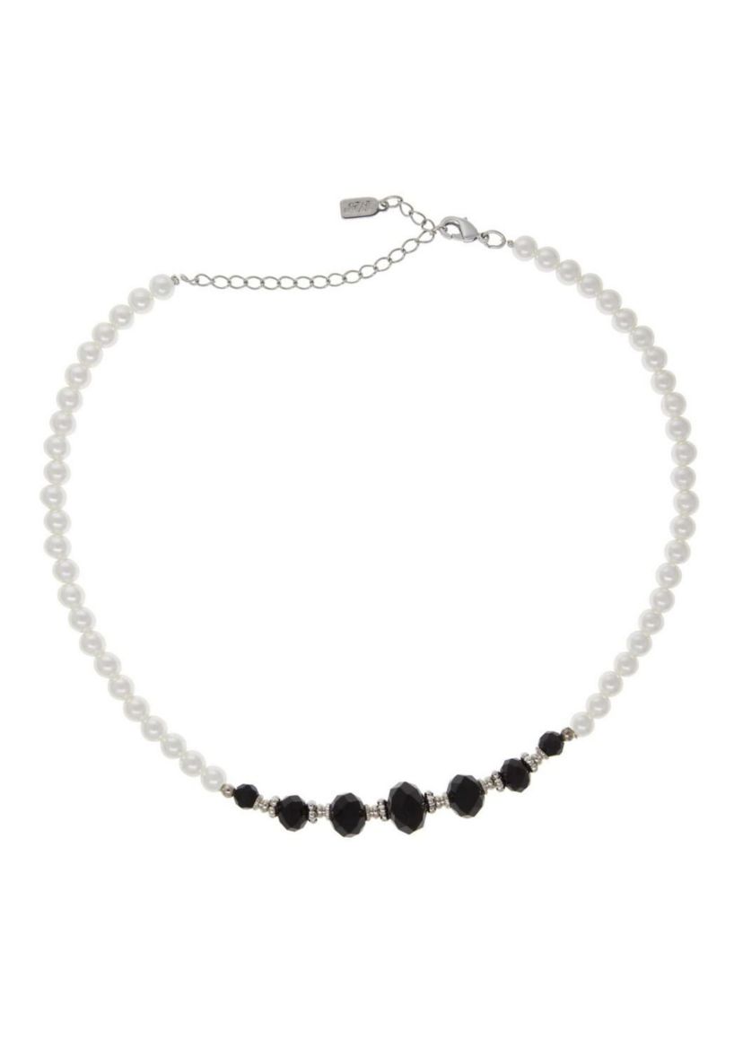 Faux Pearl and Black Crystal Necklace 15 inch Adj