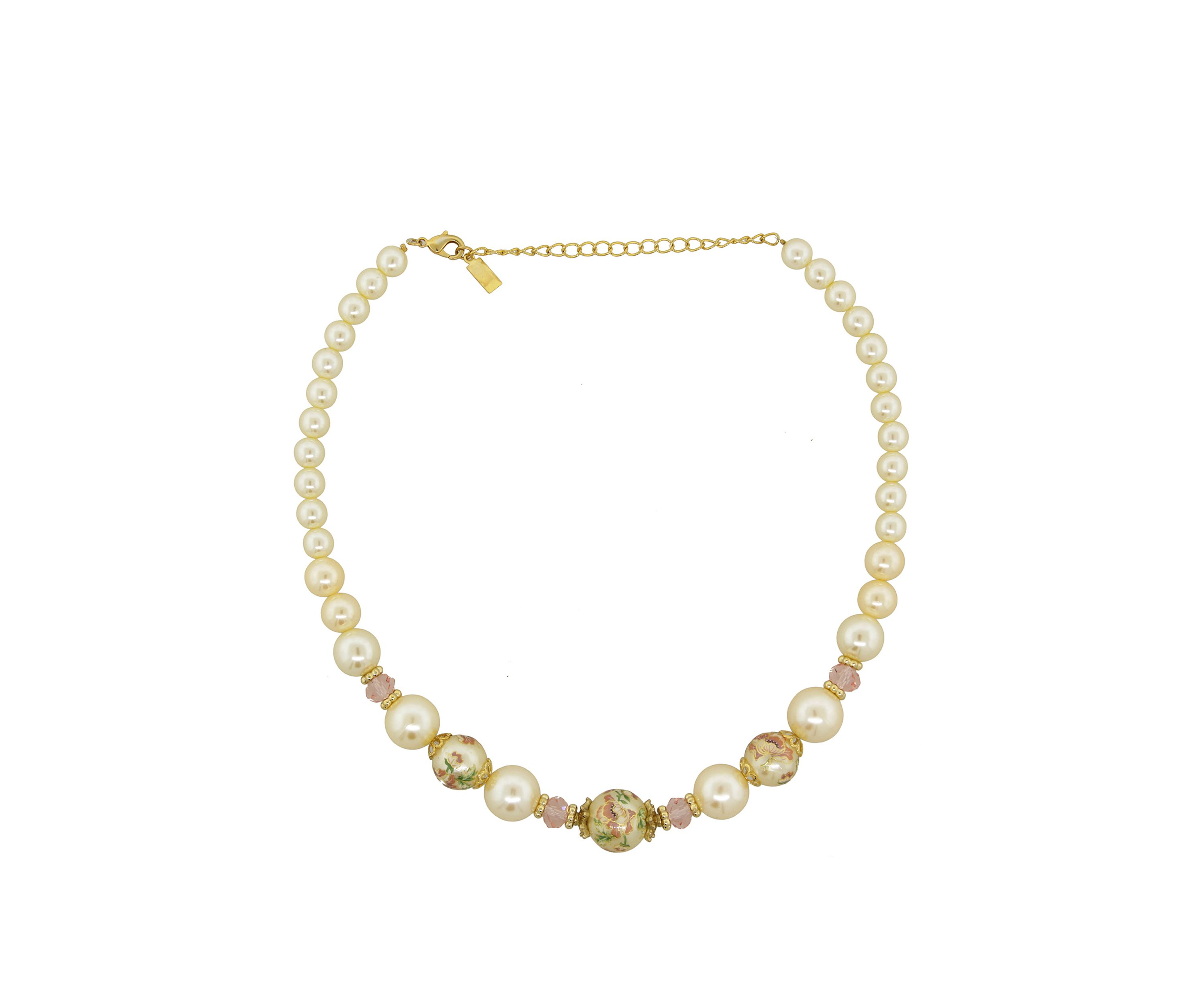 16 Inch Adjustable Gold Tone Flower Decal Pearls with Graduated Pearl Necklace
