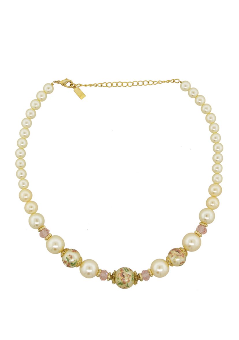 16 Inch Adjustable Gold Tone Flower Decal Pearls with Graduated Pearl Necklace