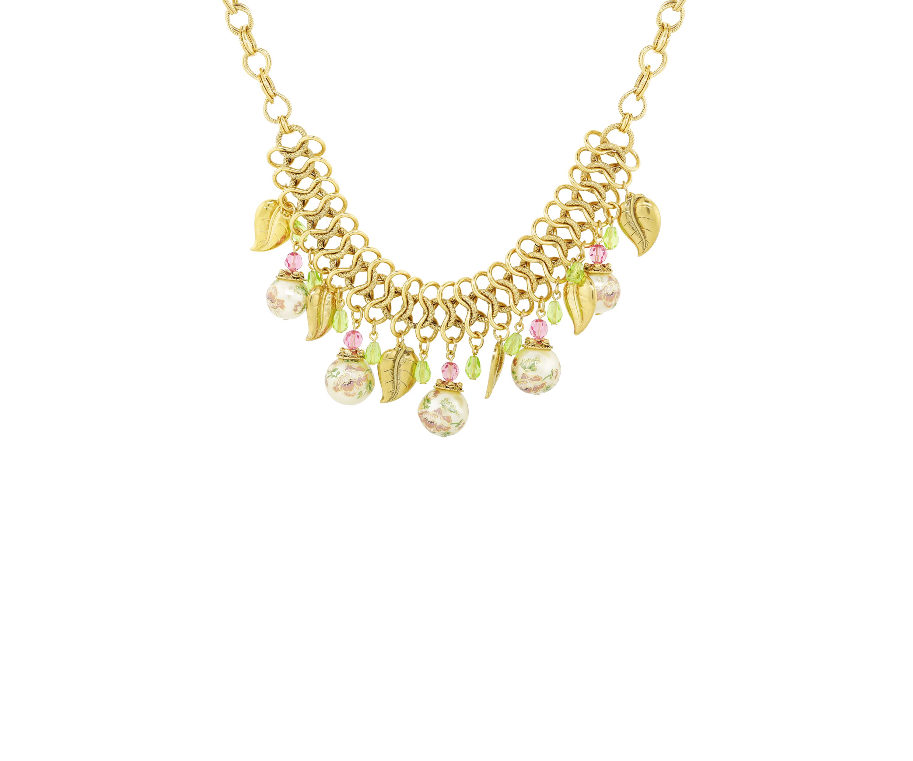 16 Inch Adjustable Gold Tone Flower Decal Pearl Leaf Beaded Necklace