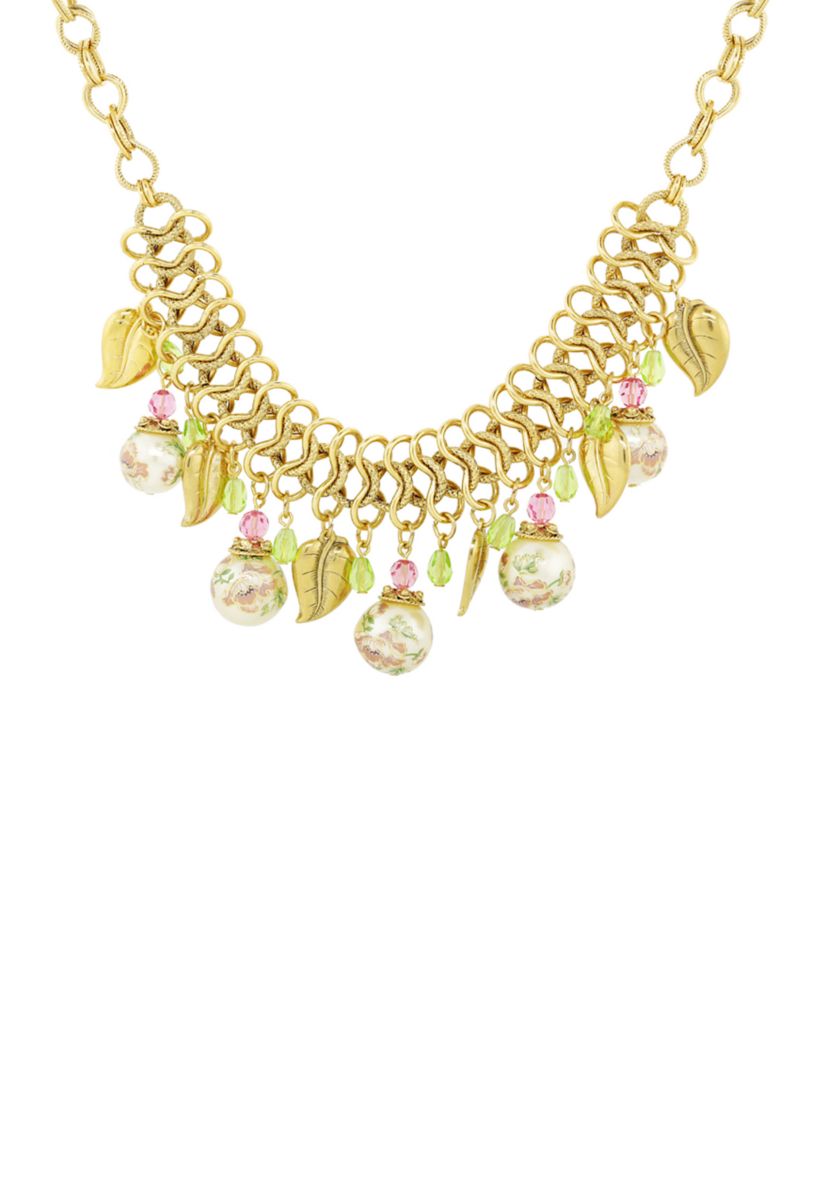 16 Inch Adjustable Gold Tone Flower Decal Pearl Leaf Beaded Necklace