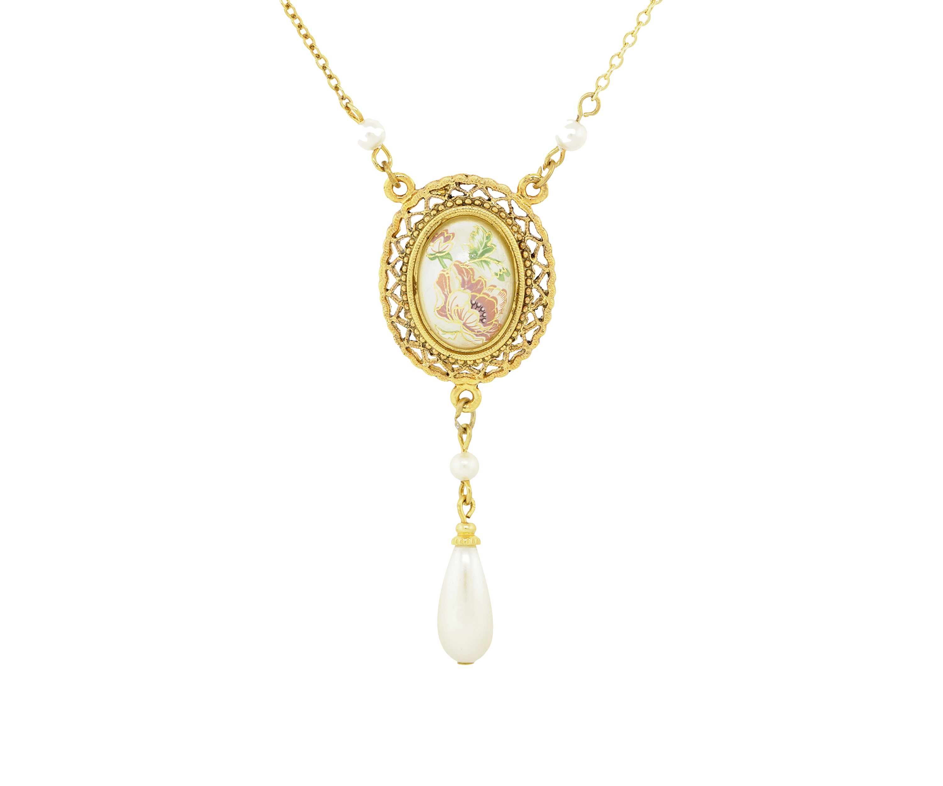 16 Inch Adjustable Gold Tone Oval Flower Decal Pearl with Pearl Teardrop Necklace