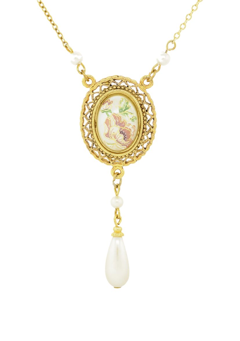 16 Inch Adjustable Gold Tone Oval Flower Decal Pearl with Pearl Teardrop Necklace