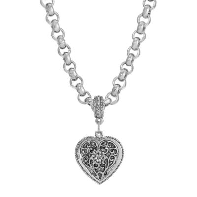 Silver Tone Filigree Heart Necklace 16"Adj.