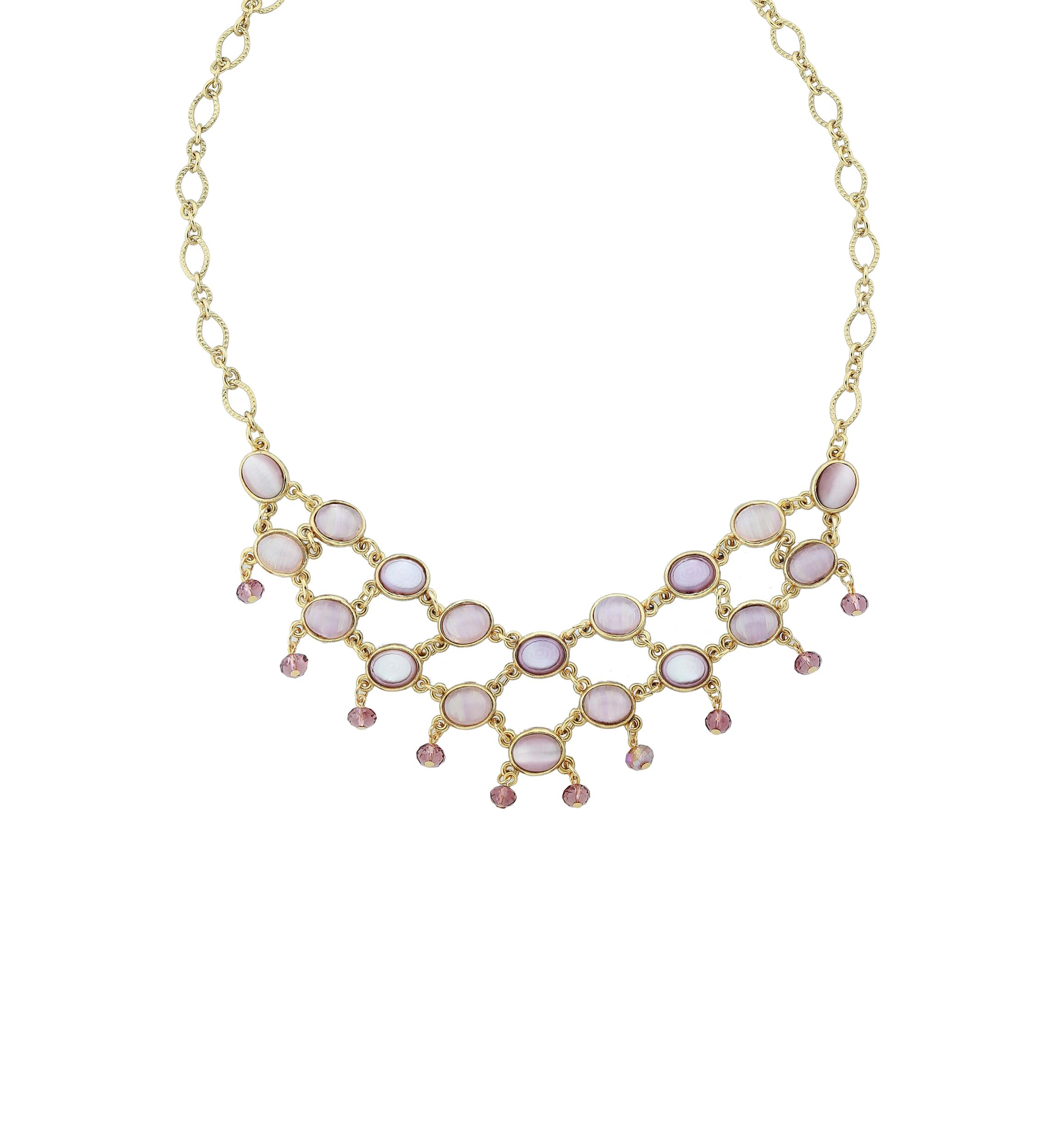 16 Inch Adjustable Gold Tone Oval Light and Dark Amethyst Color Stones and Beads Bib Necklace