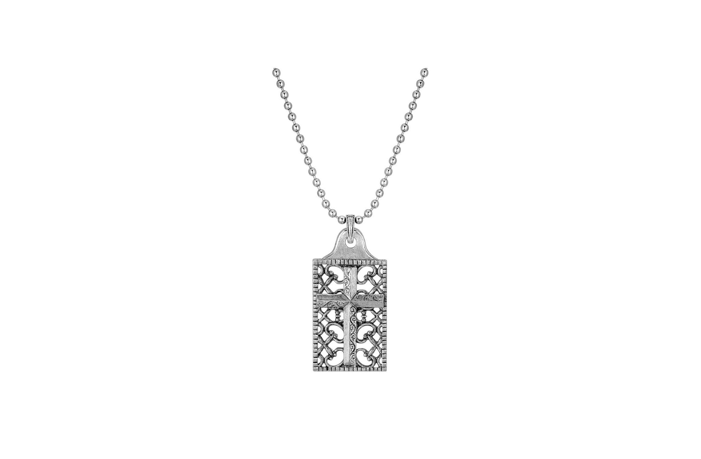 Pewter Cross Square Dog Tag Pendant  22"