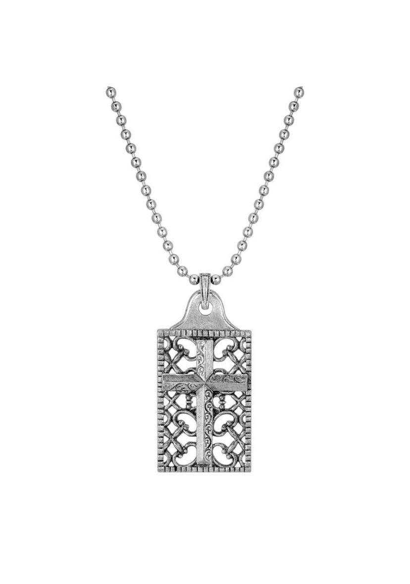 Pewter Cross Square Dog Tag Pendant  22"