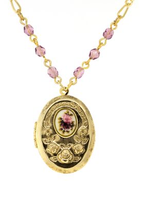 18 Inch Gold Tone Pink/Purple Flower Beaded Locket Necklace