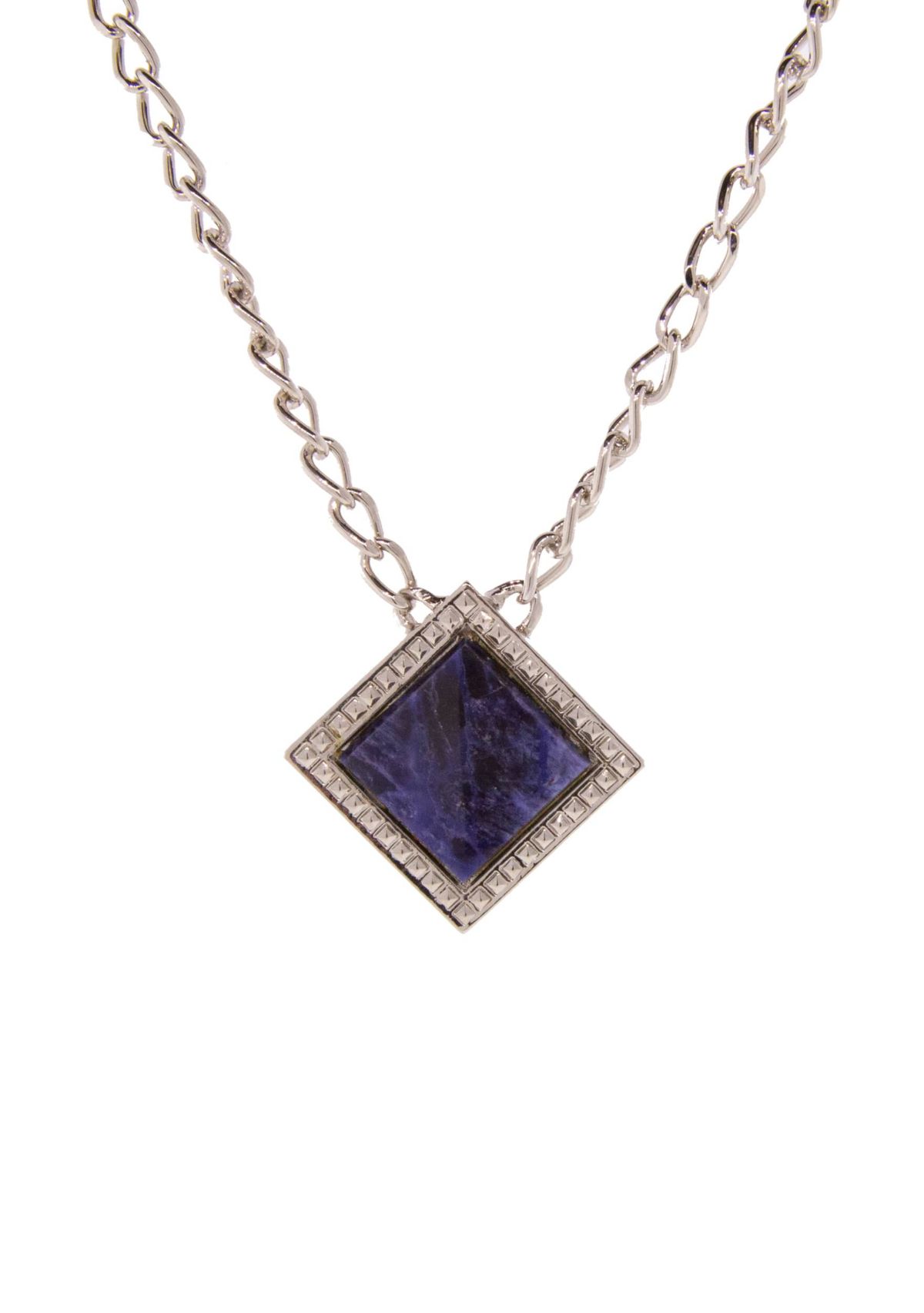 Silver Tone Blue Sodalite Semi Precious Square Necklace 16" Adj.
