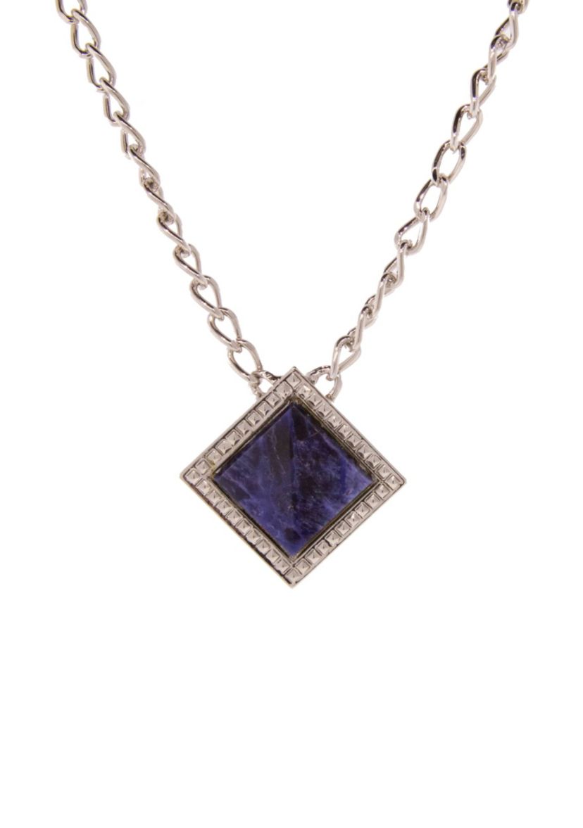 Silver Tone Blue Sodalite Semi Precious Square Necklace 16" Adj.