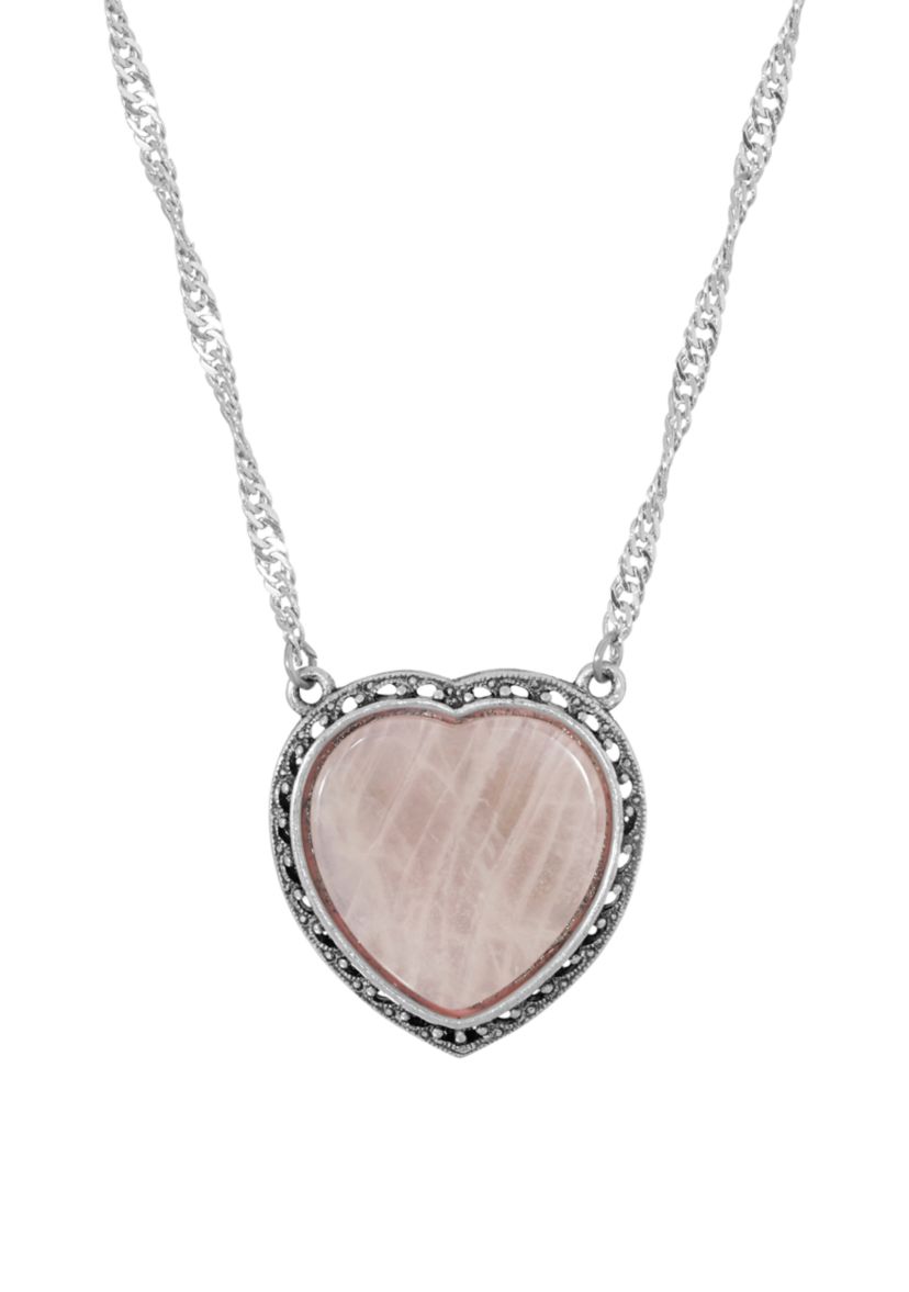 16 in Length Adjustable Silver Tone Rose Quartz Heart Necklace