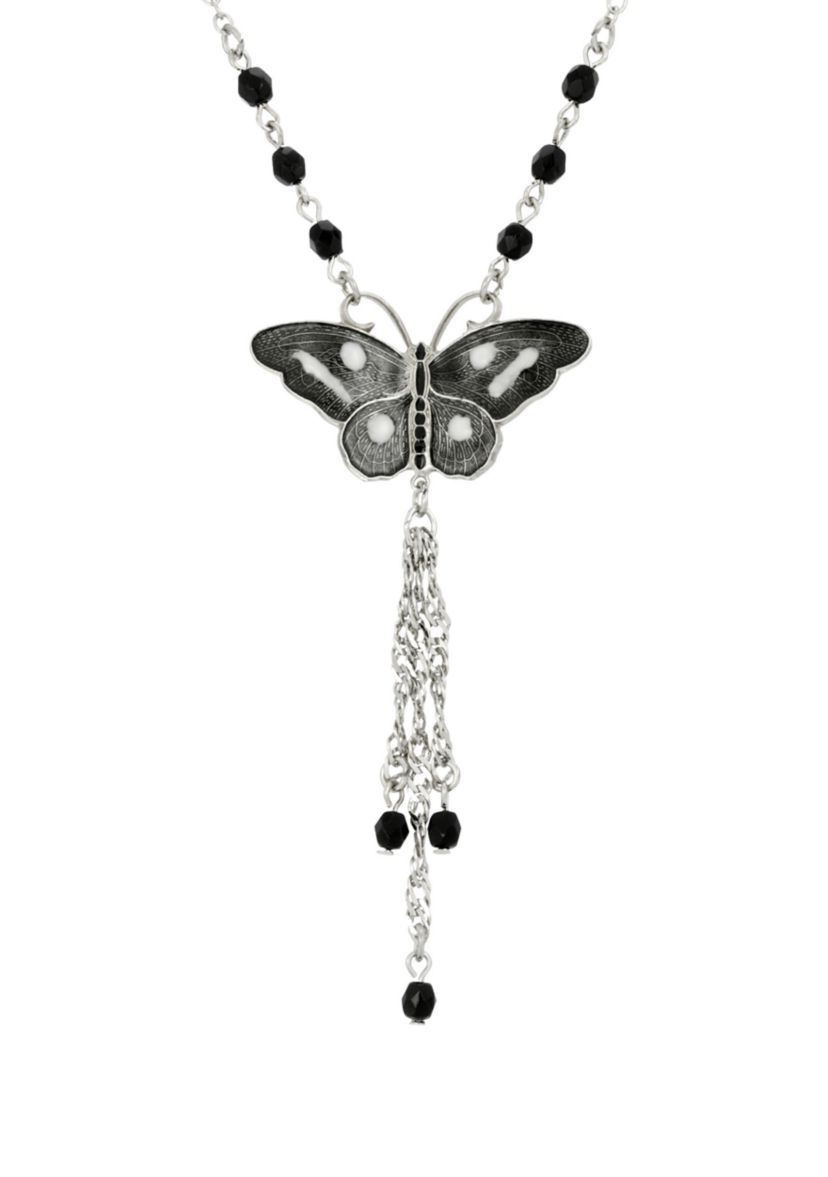 Silver Tone Black & White Enamel Black Beads Butterfly Necklace - 16" Adj.