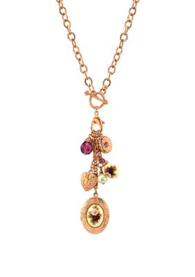 20 Inch Rose Gold Tone Purple Crystal Heart and Locket Charm Toggle Necklace