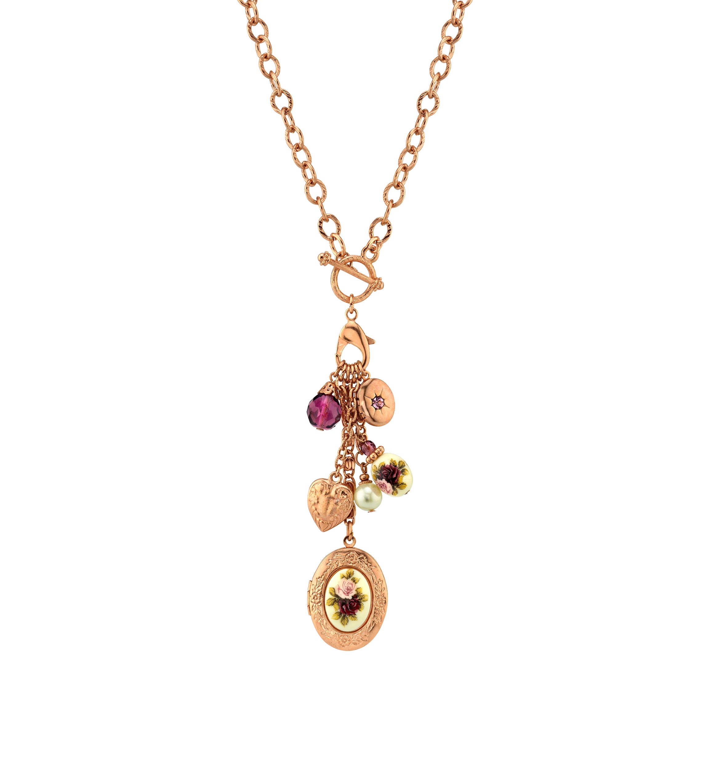 20 Inch Rose Gold Tone Purple Crystal Heart and Locket Charm Toggle Necklace