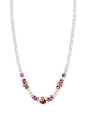 Rose Gold Tone Simulated Pearl Purple Crystal Flower Beaded Necklace