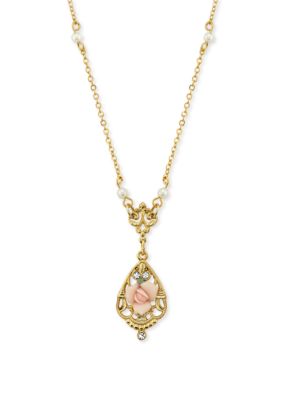 1928 Jewelry Gold-Tone Crystal and Pink Porcelain Rose Simulated Pearl Necklace