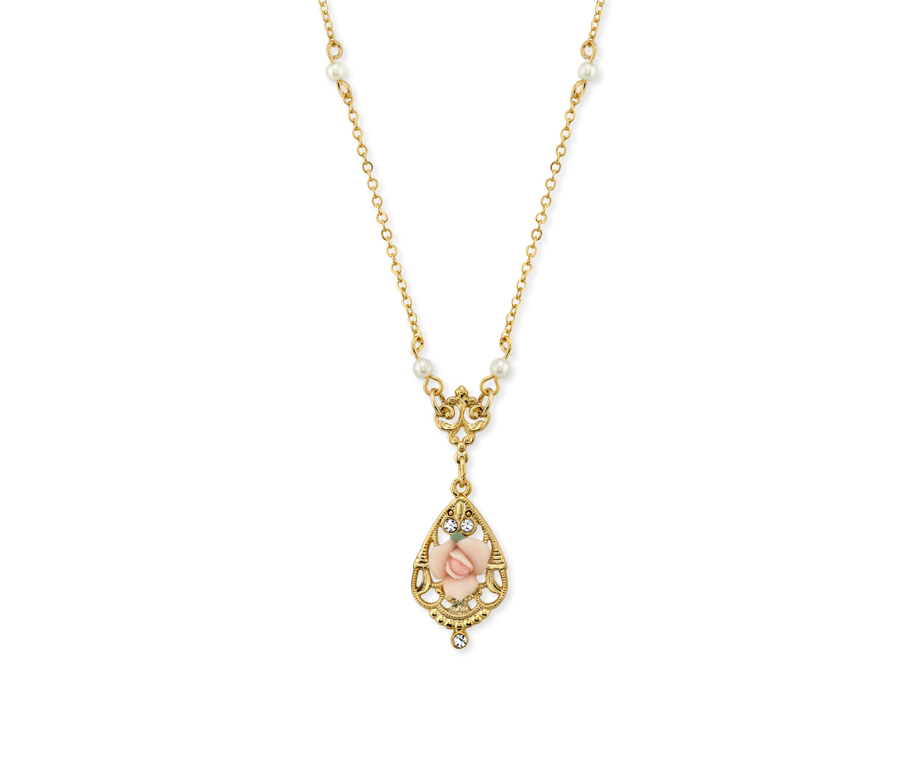 Gold-Tone Crystal and Pink Porcelain Rose Simulated Pearl Necklace