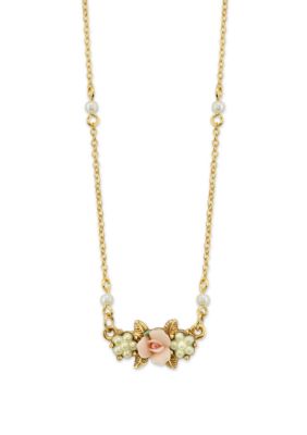 Gold-Tone Simulated Pearl Pink Porcelain Rose Necklace