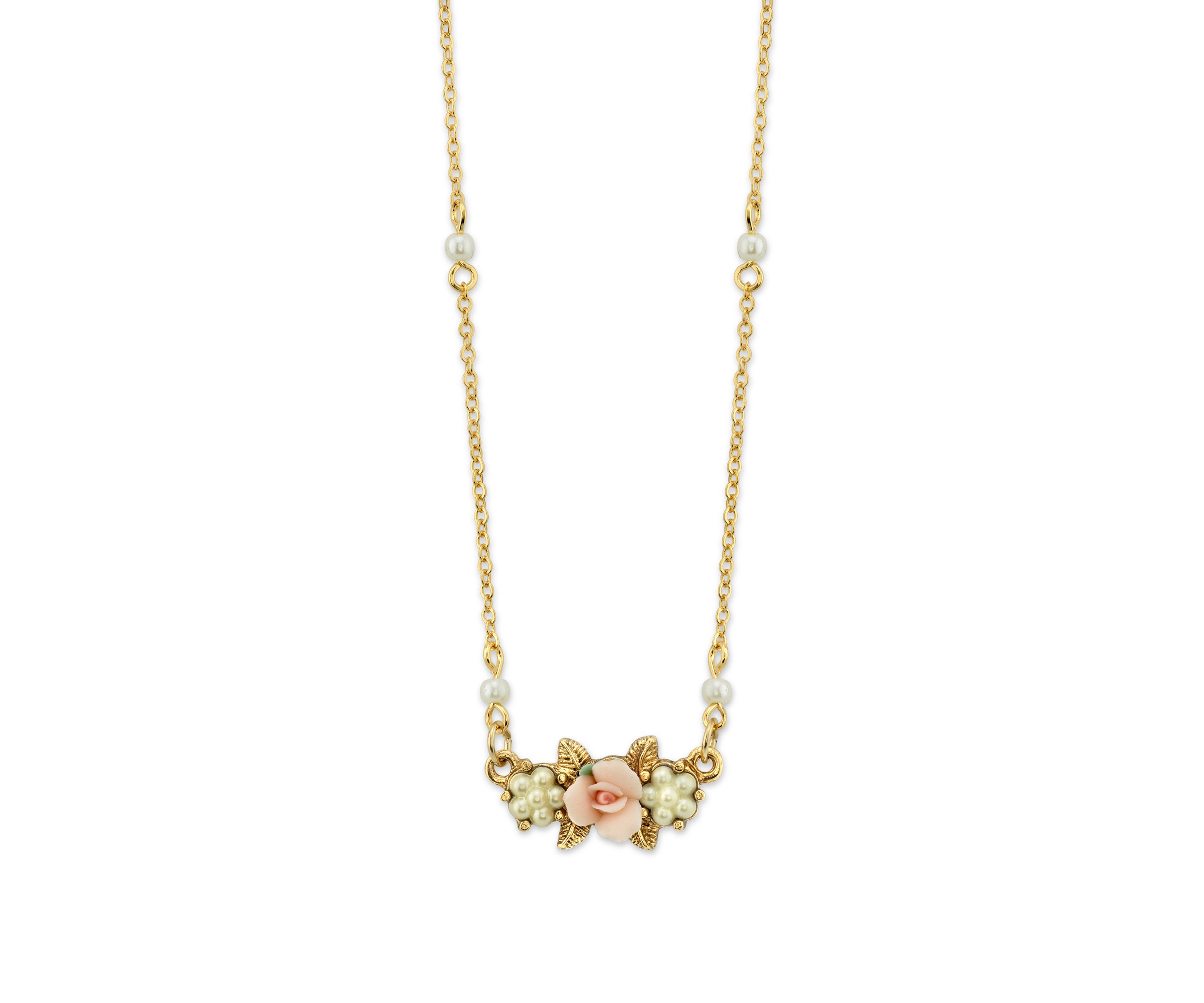 Gold-Tone Simulated Pearl Pink Porcelain Rose Necklace