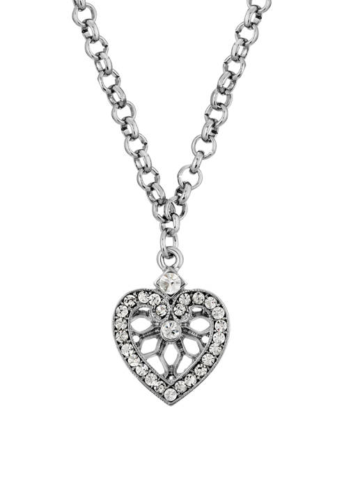 16 Inch Adjustable Silver Tone Crystal Heart Pendant Necklace