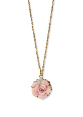 Gold-Tone Genuine Pink Porcelain Rose Pendant Necklace