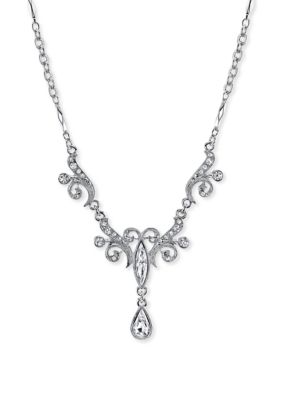 Silver-Tone Crystal Teardrop Necklace 