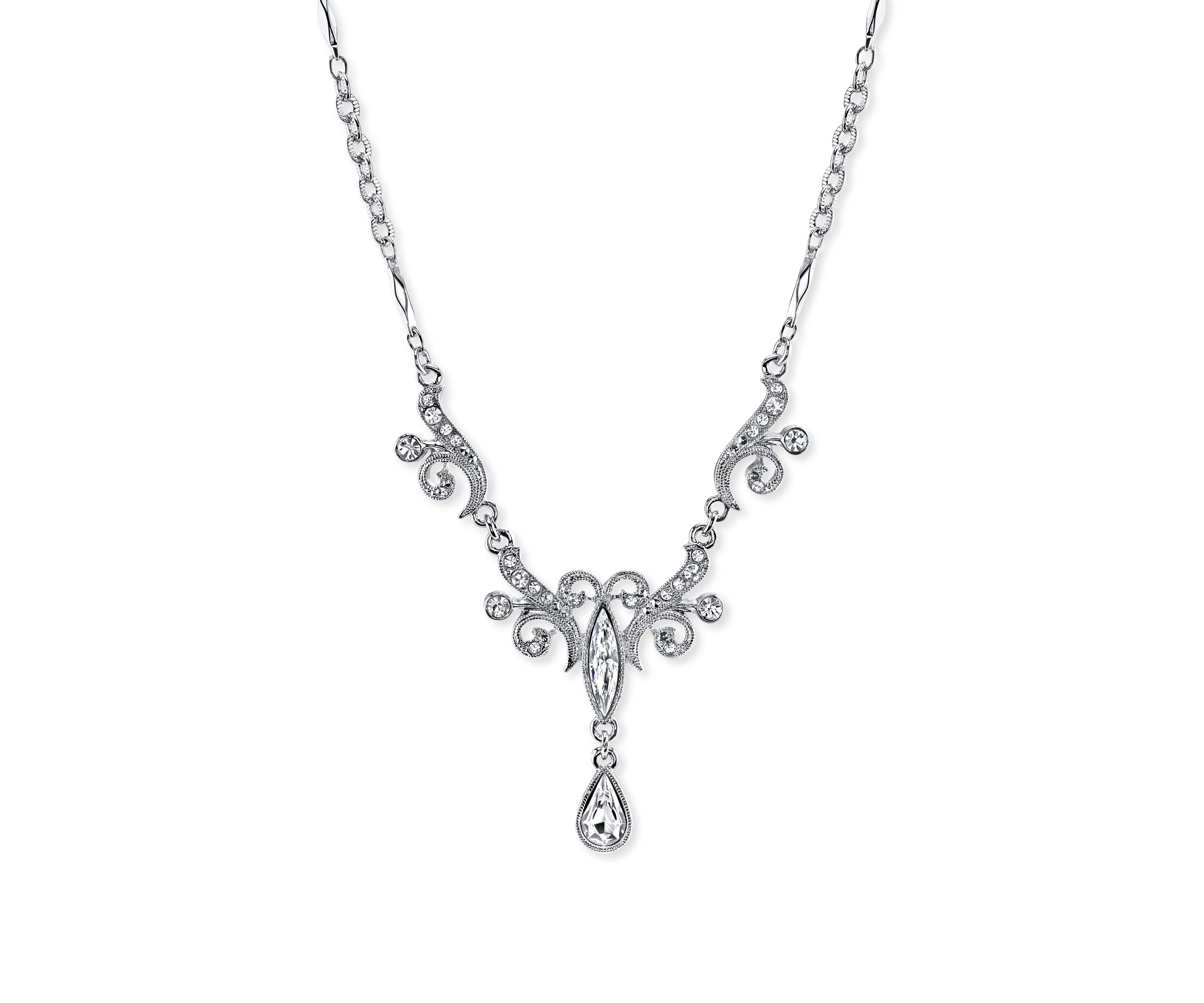 Silver-Tone Crystal Teardrop Necklace 