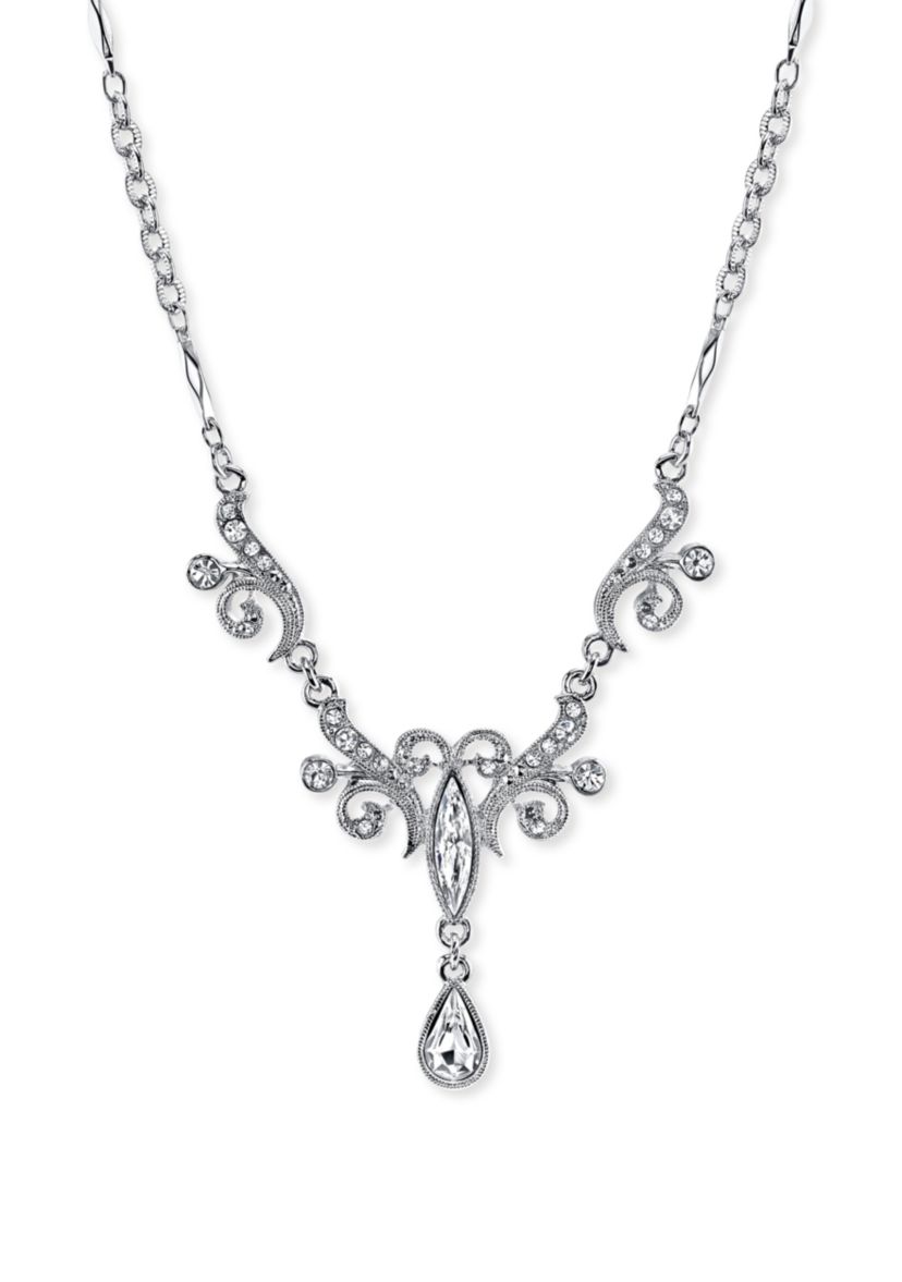 Silver-Tone Crystal Teardrop Necklace 
