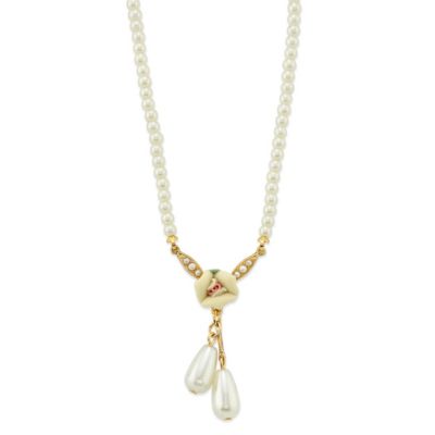 Gold-Tone Porcelain Rose and Faux Pearl Drop Necklace 16" Adj.