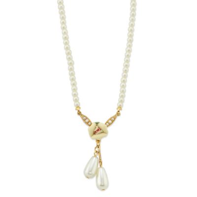 1928 Jewelry Gold-Tone Porcelain Rose and Faux Pearl Drop Necklace 16" Adj, White